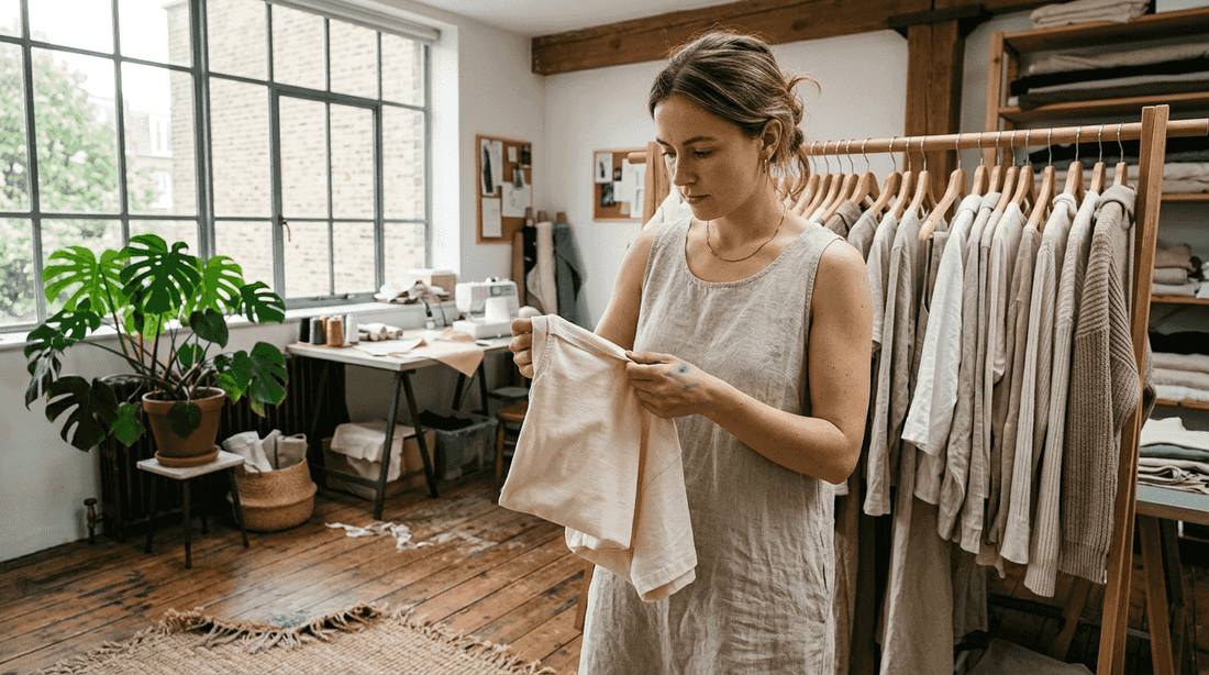 Woman inspecting sustainable clothing in studio