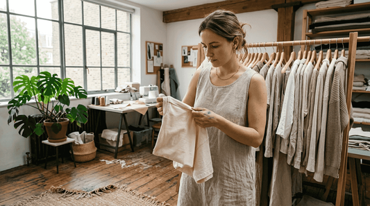 Woman inspecting sustainable clothing in studio