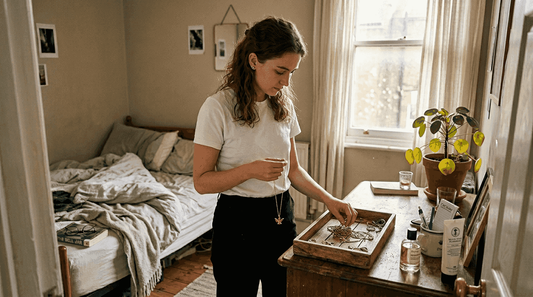 Woman selecting symbolic necklace from dresser