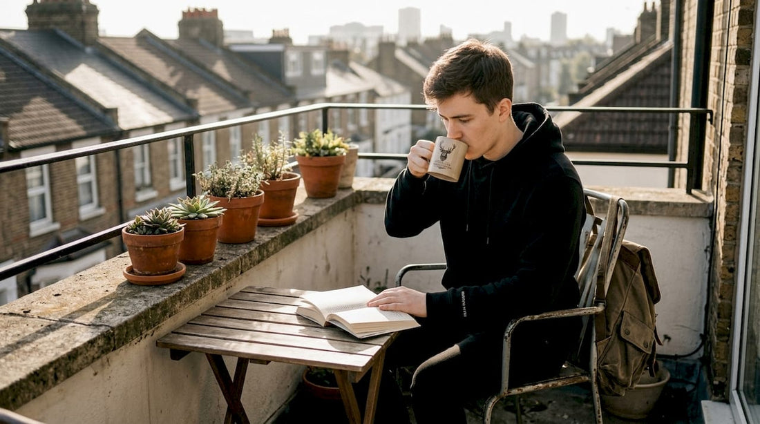 Person in philosophical hoodie enjoying morning coffee