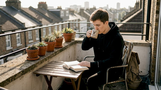 Person in philosophical hoodie enjoying morning coffee