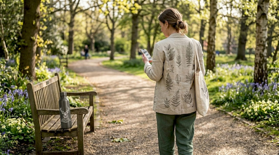 Woman in botanical print fashion walking in park