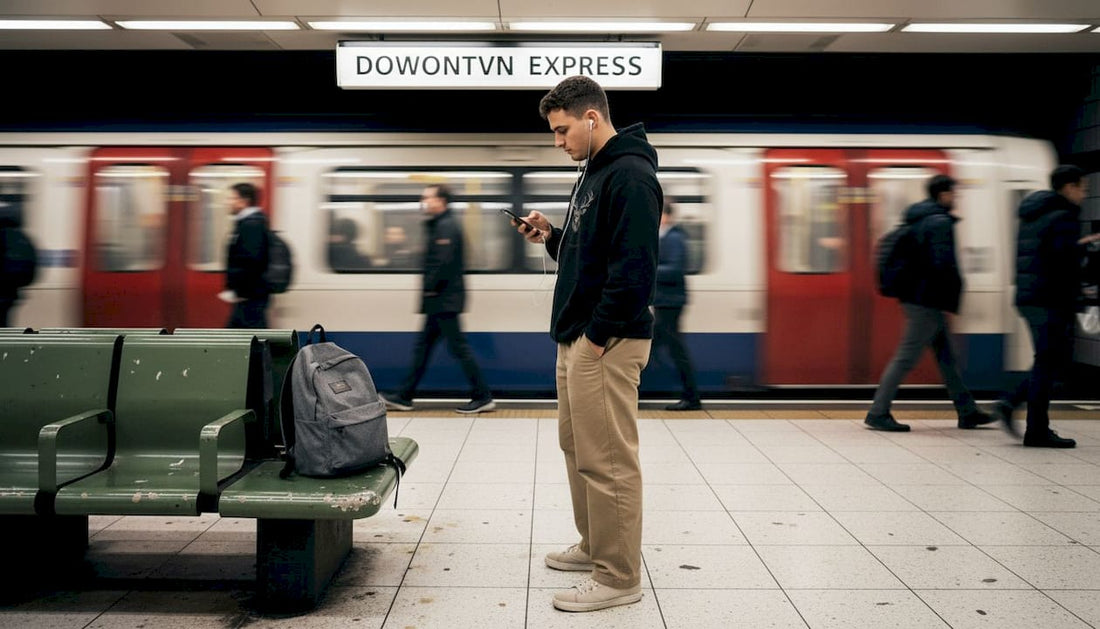 Urban youth in minimalist streetwear at subway station