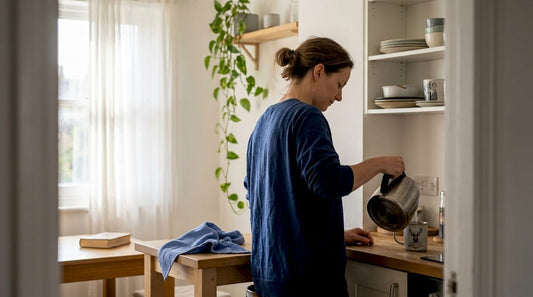 Morning coffee in minimalist flat kitchen
