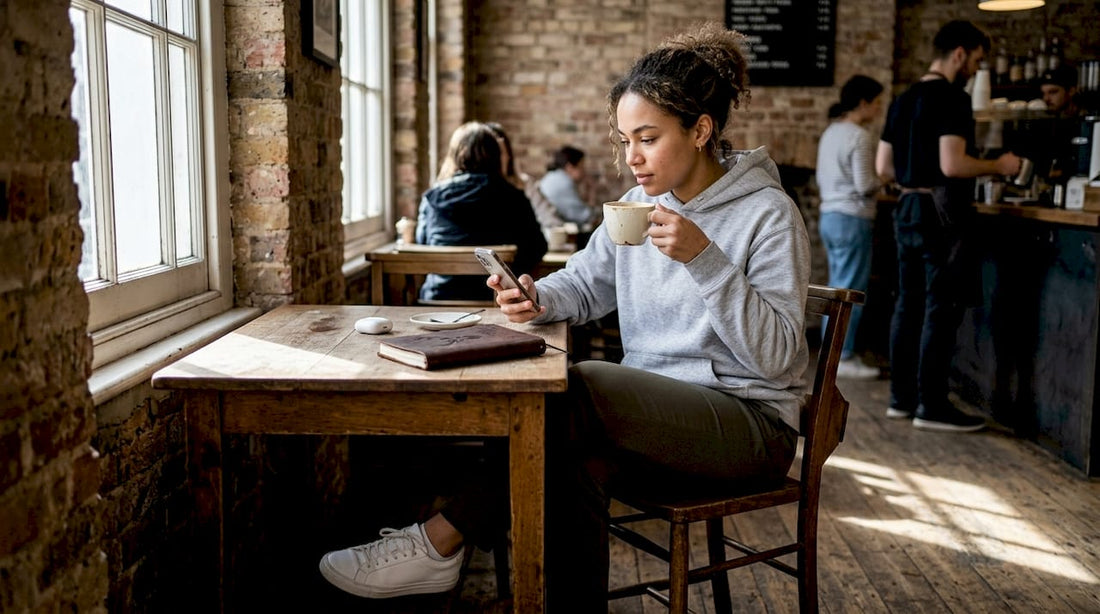 Urban creative in minimalist streetwear at café