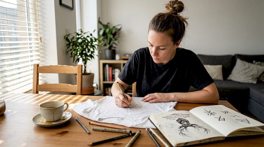 Tattoo artist sketching minimalist design on shirt