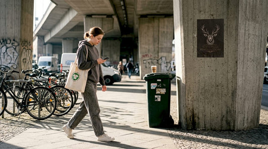 Woman in mindful streetwear on city sidewalk