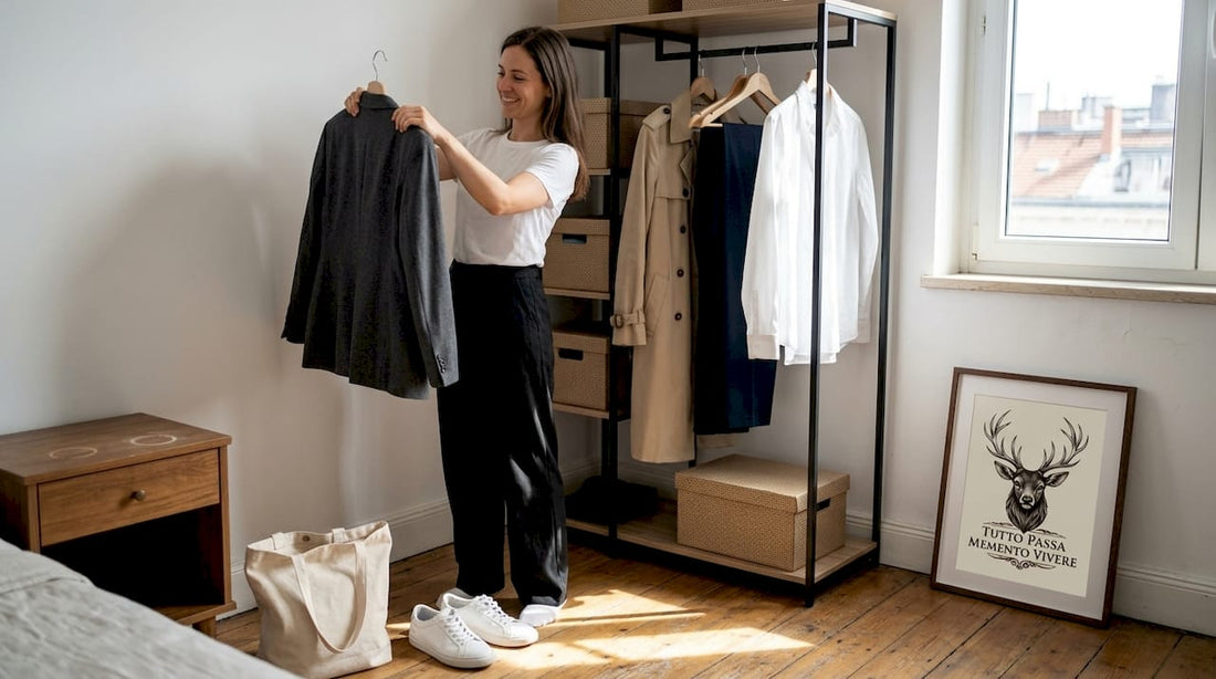 Woman organizes minimalist wardrobe, apartment bedroom