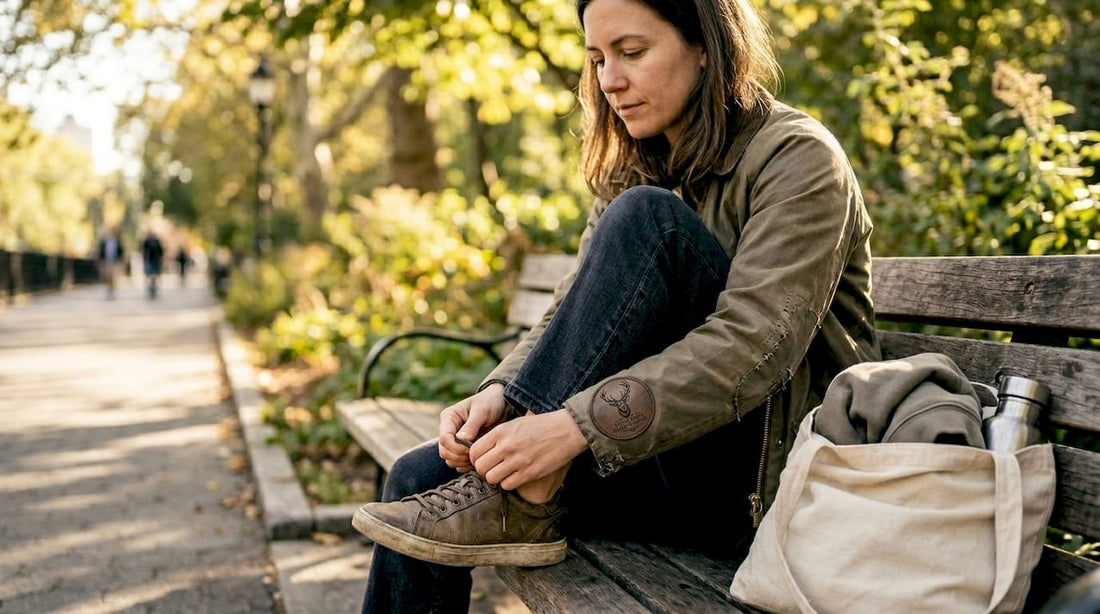Woman ties shoes in durable, mended clothing