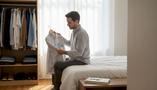 Professional choosing outfit in sunlit bedroom