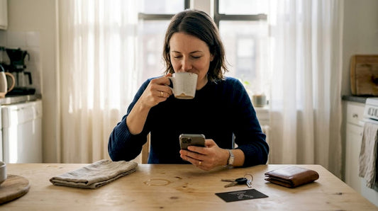 Woman with minimalist jewelry at kitchen table