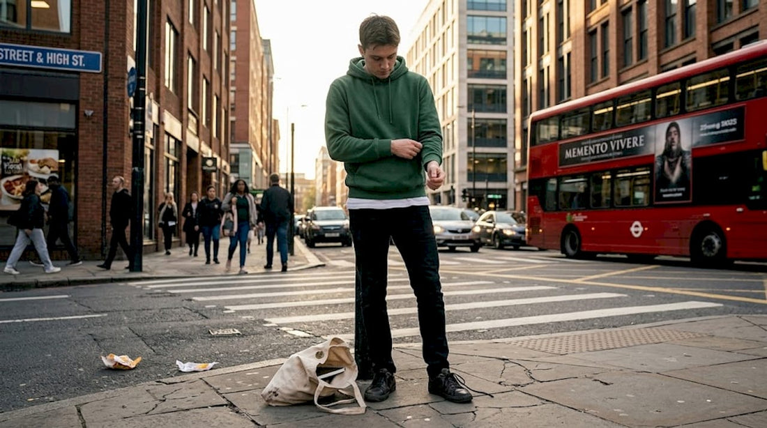 Young adult in minimalist streetwear at city crosswalk
