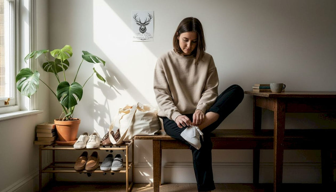 Woman dressing in minimalist UK apartment