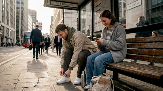 Young adults in modern streetwear at city bus stop