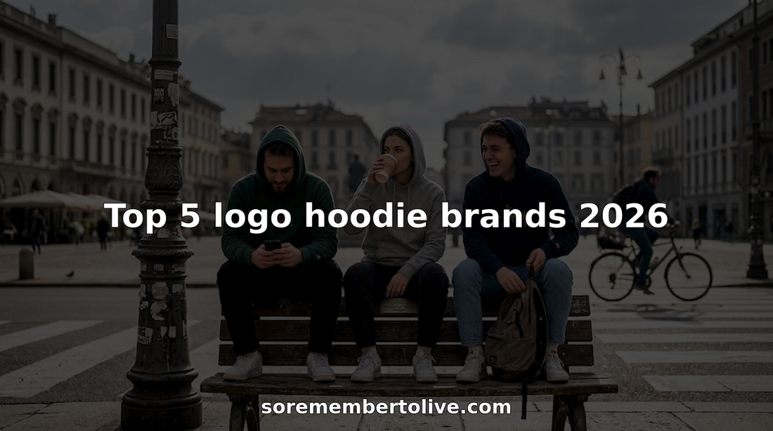 Group of young adults wearing logo hoodies in city