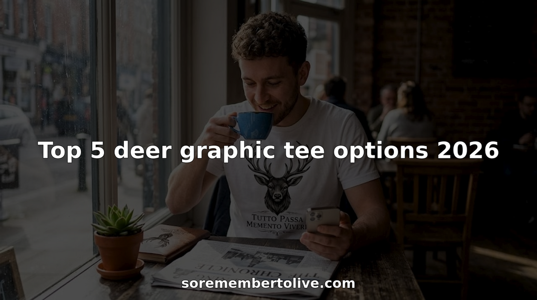 Man wearing deer graphic tee in café setting