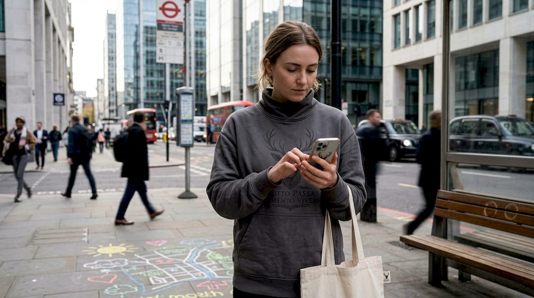 Woman in motivational streetwear at city crosswalk