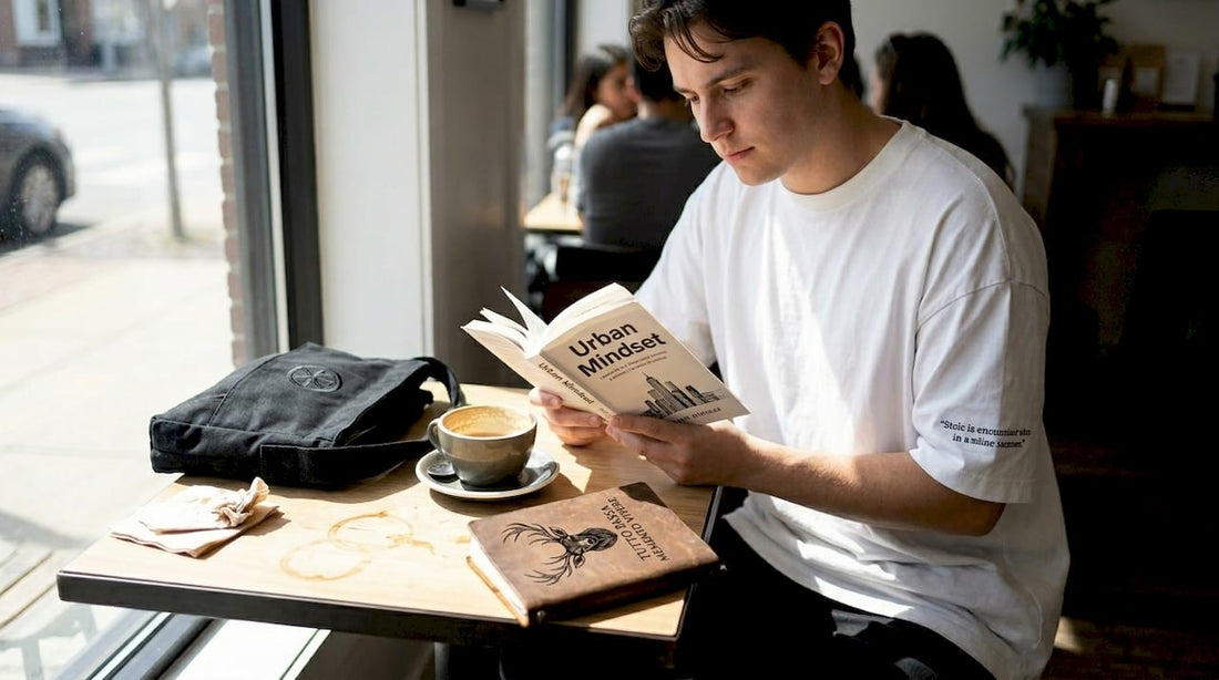 Person wearing minimalist oversized tee reading in café