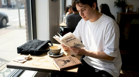 Person wearing minimalist oversized tee reading in café