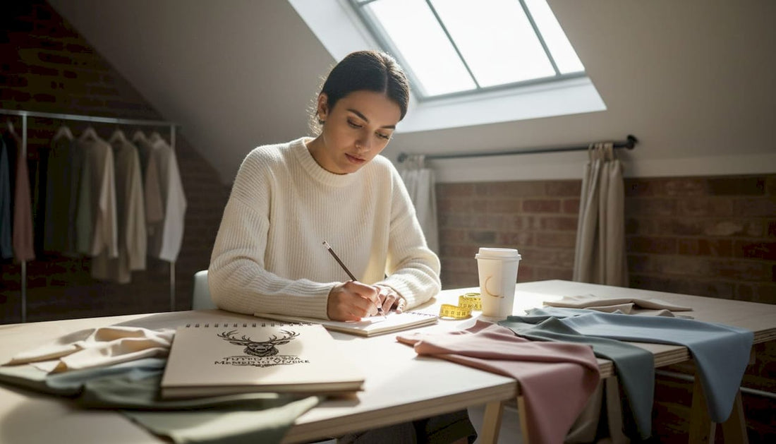 Designer sketching minimalist clothing at studio desk