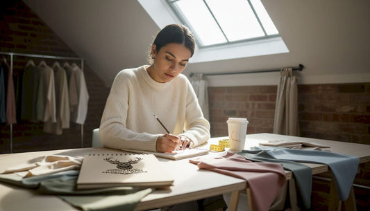Designer sketching minimalist clothing at studio desk