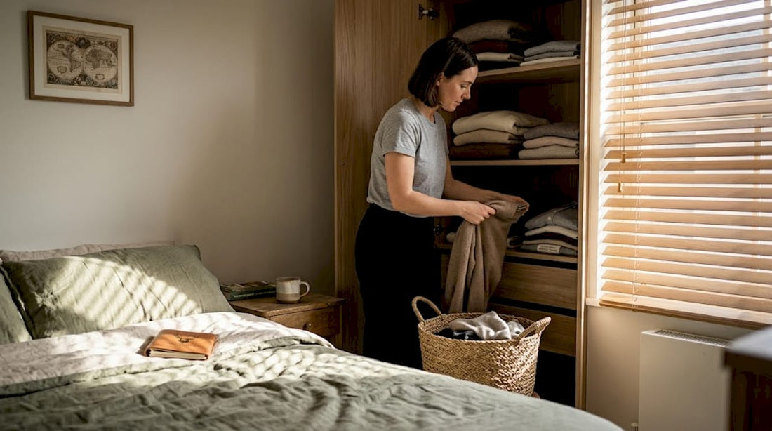 Woman arranging minimalist clothing in bright bedroom