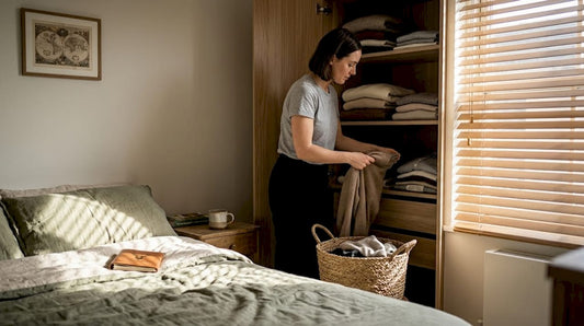 Woman arranging minimalist clothing in bright bedroom