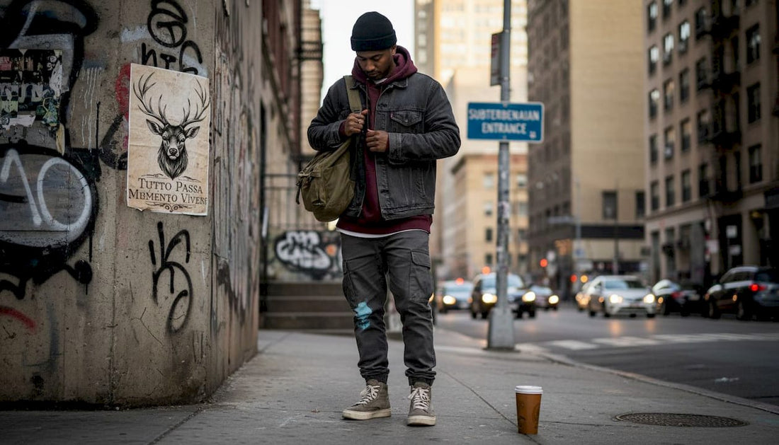 Streetwear enthusiast adjusting backpack on gritty city sidewalk