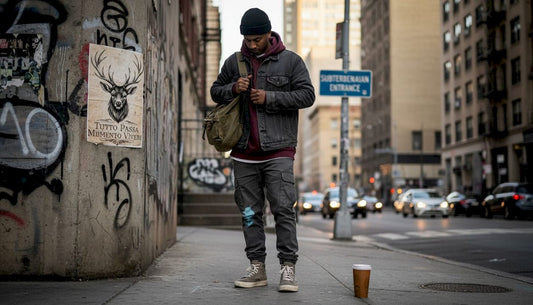 Streetwear enthusiast adjusting backpack on gritty city sidewalk