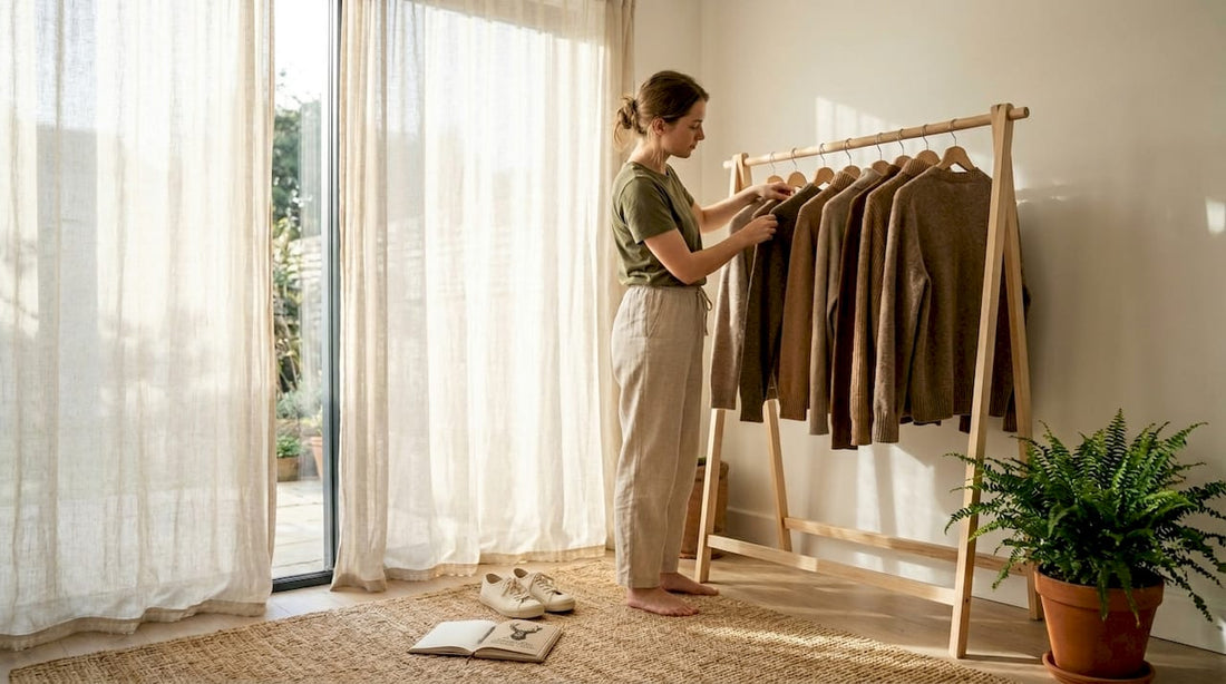 Woman organizes earthy minimalist wardrobe