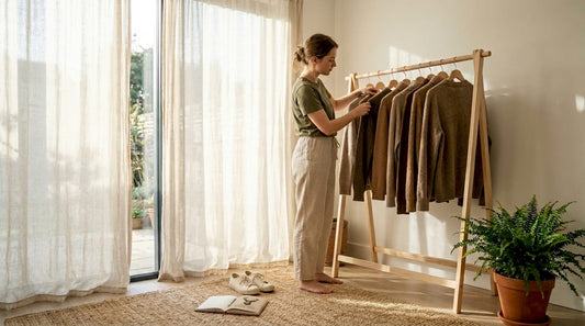 Woman organizes earthy minimalist wardrobe